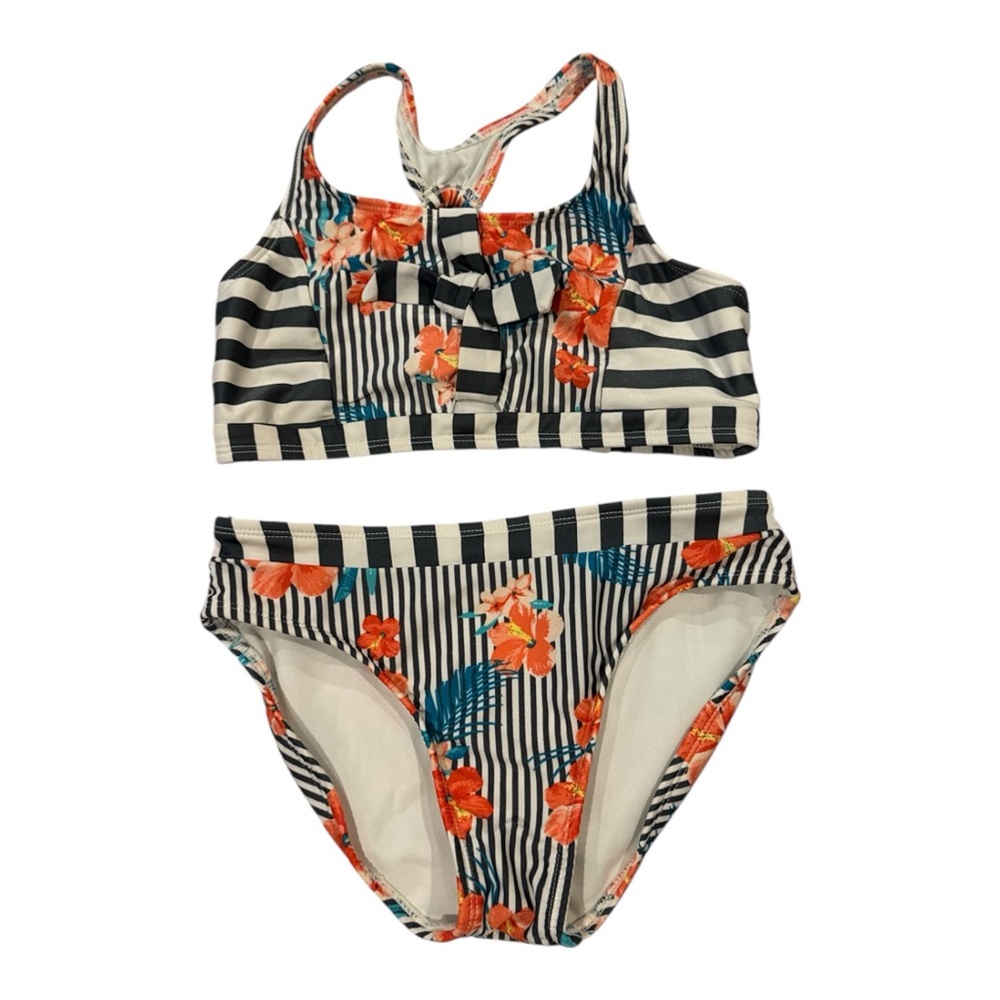 Art Class Dark Grey and Orange Floral Striped Bikini